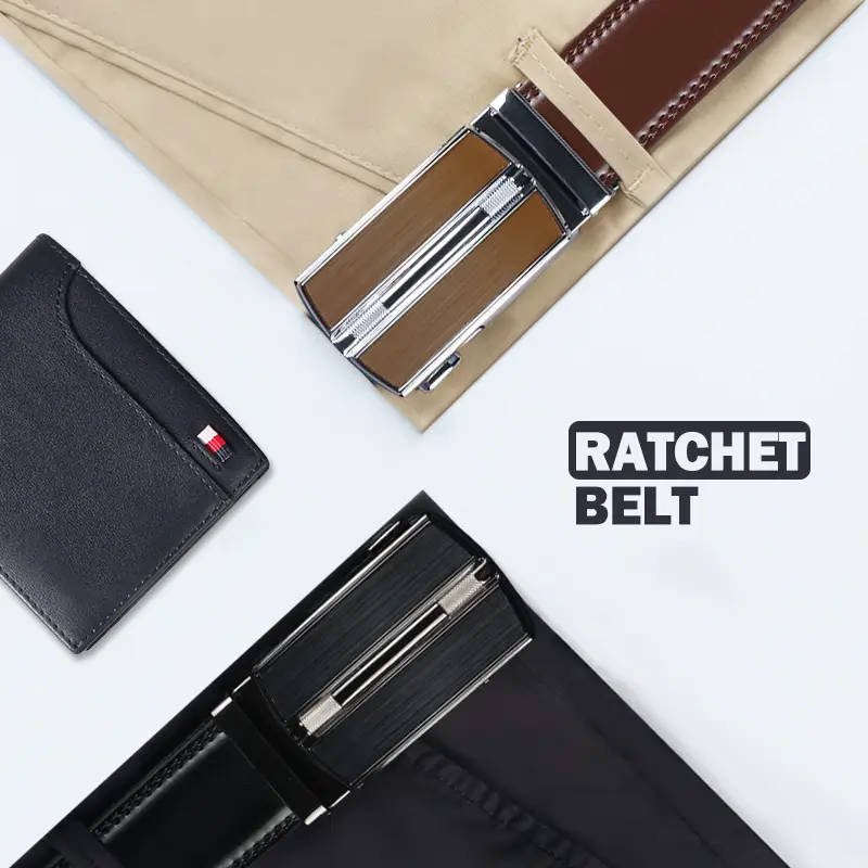 Men's Genuine Leather Ratchet Belt with Adjustable Automatic Buckle Black 125cm