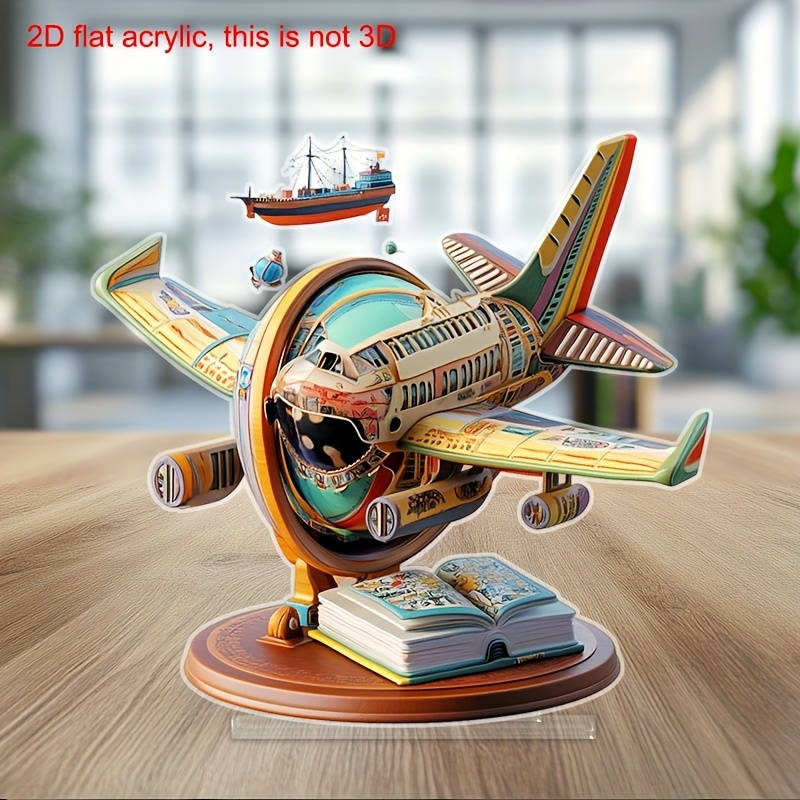 2D Flat Vibrant Acrylic Airplane Globe Tabletop Decor Colorful Rainbow Design Perfect For