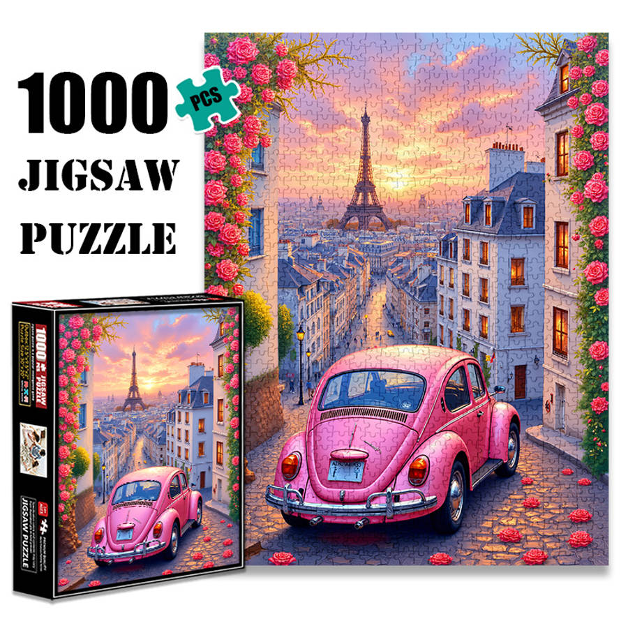 1000pcs Parisian Eiffel Tower Pink Car Jigsaw Puzzle Scratch-Resistant Waterproo