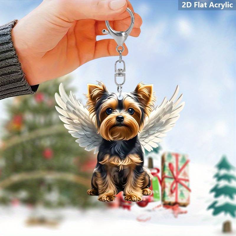 1pc 2D Flat Charming Yorkshire Terrier Acrylic Keychain with Angel Wings Cute  Design Transparent