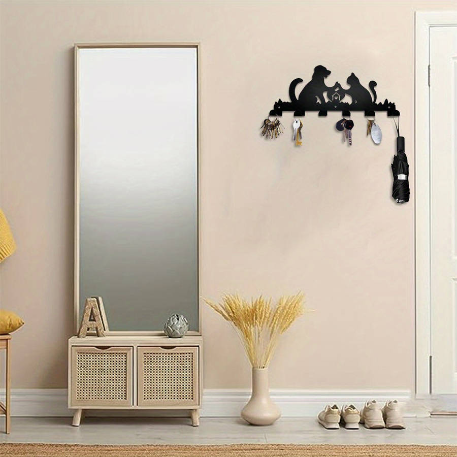 Whimsical Cat Dog Metal Wall Hook Rackcontemporary Black Silhouette Design With 6 Hooks For