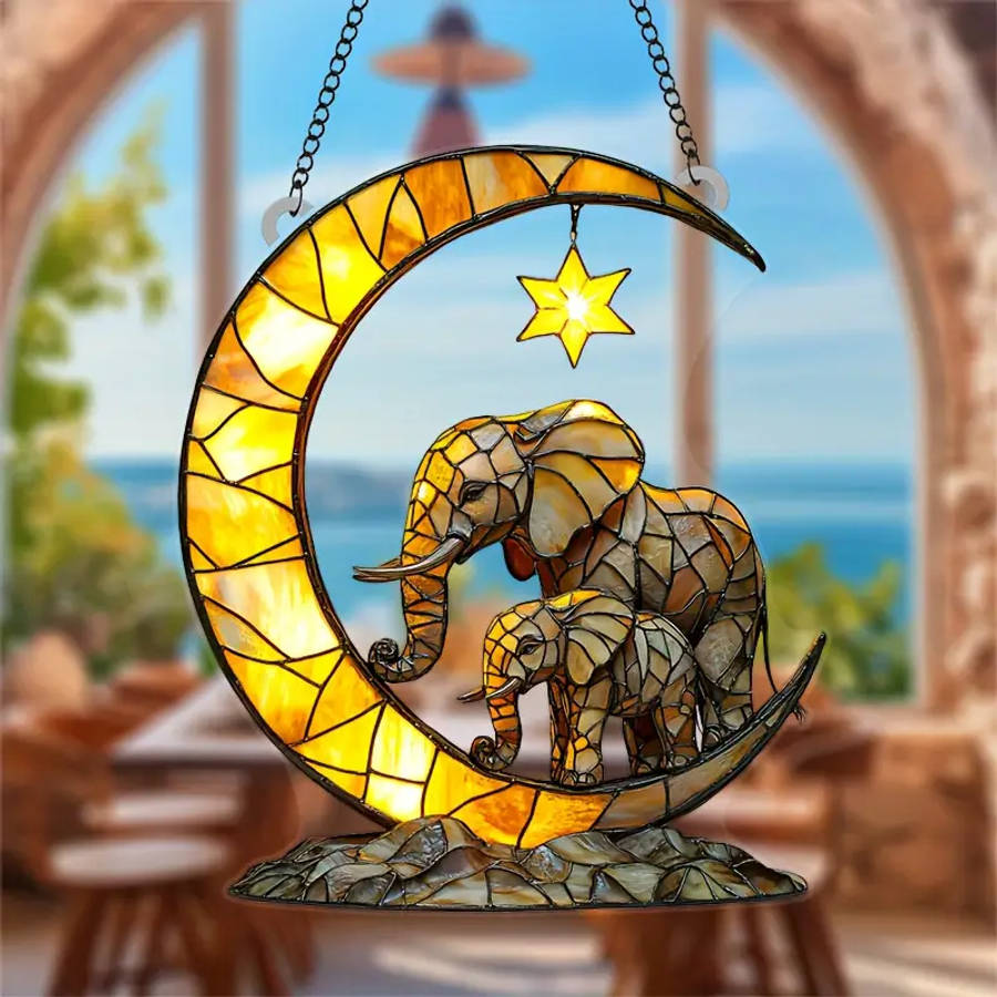 Elephant Family Moon Light Catcher 17.78Cmx20.32cm Acrylic Window Ornaments