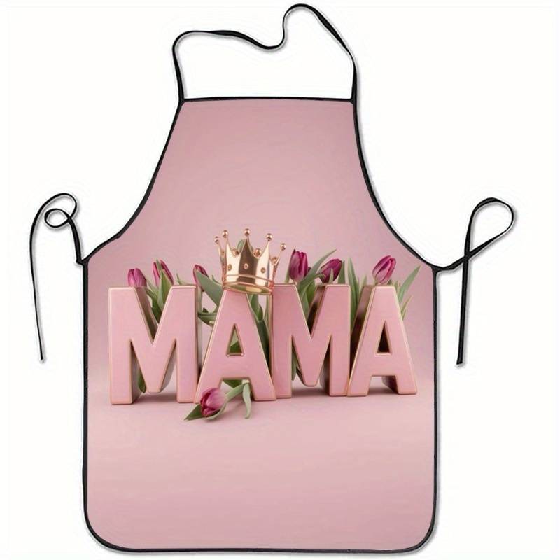 1pc Mother's Day MAMA Crown Tulip Print Sleeveless Polyester Apron Lightweight Durable and