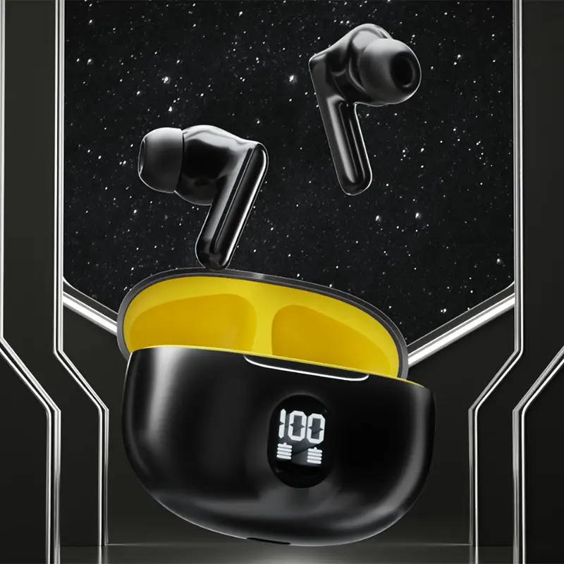Sleek Black Yellow Wireless Earbuds with LED Power Indicator Hi-Fi Stereo Sound Anime-Inspired Desig