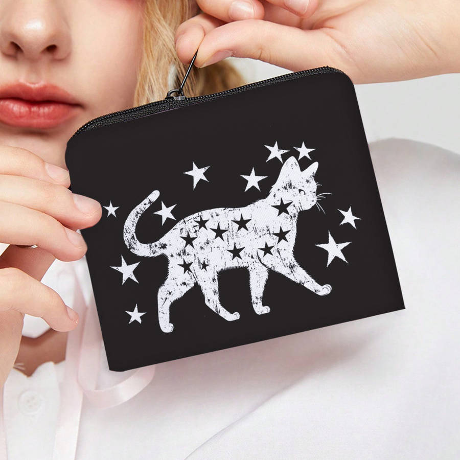 Stylish Black Cat Star Print Polyester Coin Purse C High Quality Portable Zipper Pouch