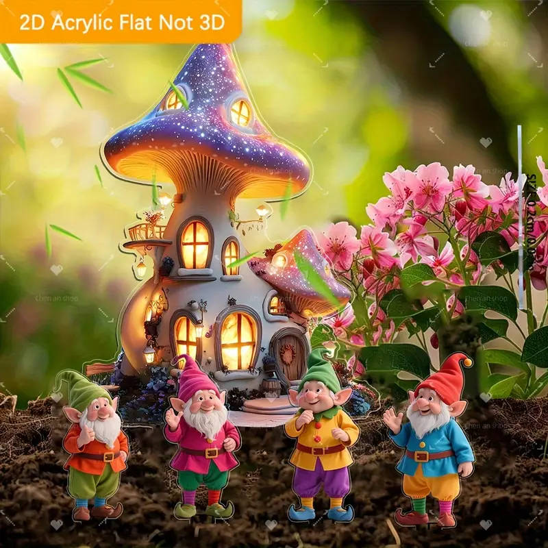 2D Flat 5 Pieces Fairy Gnome and Fantasy Mushroom House Acrylic Bohemian Garden Decoration