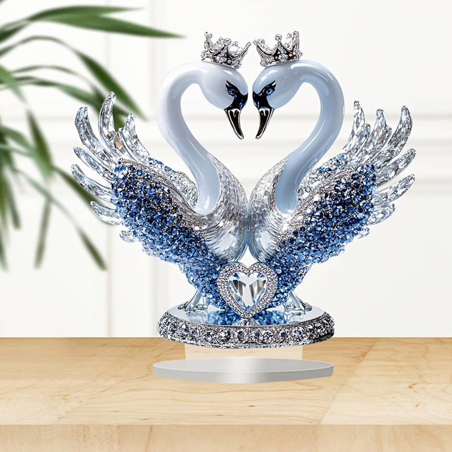 1pc 2D Flat   Ornate Style Acrylic Swan Statue with Heart Shaped Crown Romantic Desktop Decorat