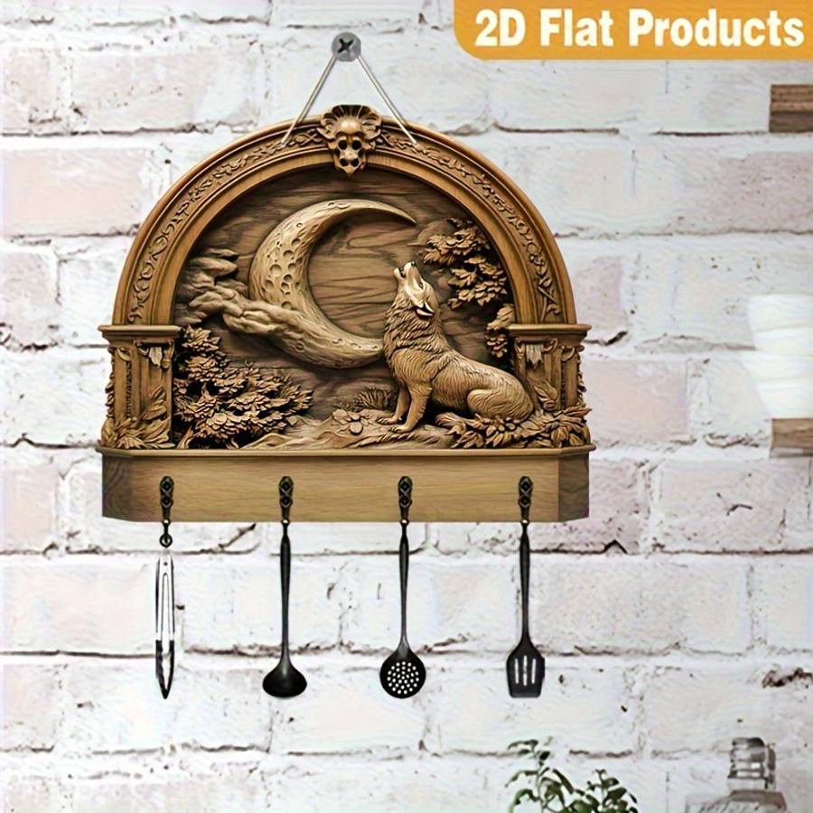 2D Flat Moon Wolf Simple Colorful Wooden And Home Key Holder With Four Metal Hooks 2D Flat Wal