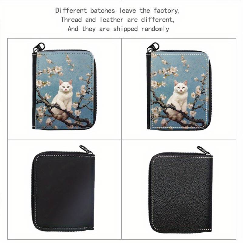 1pc Street Style Faux Leather Wallet with Geometric Cat on Tree Print Lightweight Unlined Zip
