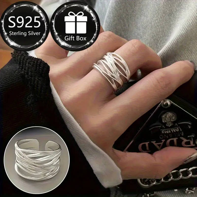 925 Silver Ring, Women's Wire-Wrapped Open Adjustable Matte Wide Thumb Ring