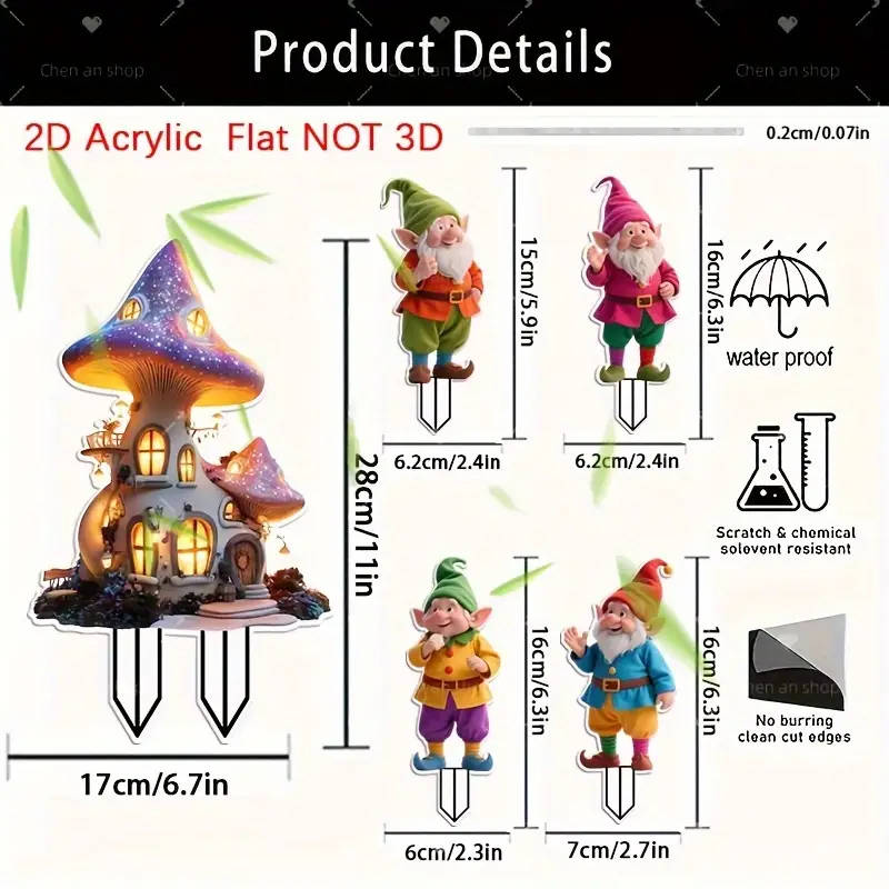 2D Flat 5 Pieces Fairy Gnome and Fantasy Mushroom House Acrylic Bohemian Garden Decoration