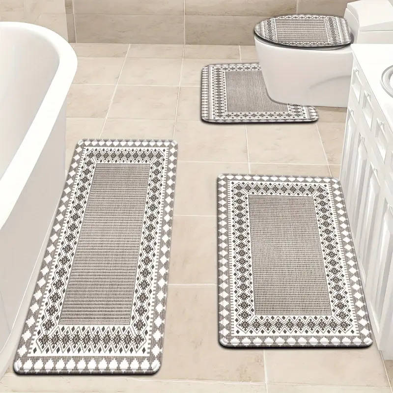 4-Piece Nordic Peach Diamond Check Bathroom Mat Set