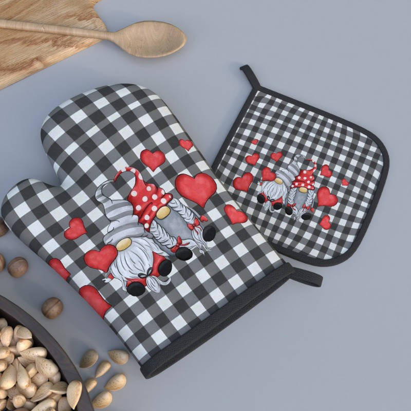 2pcs Valentine's Day Oven Mitts Potholders Heat-Resistant Black White Checkered with Red