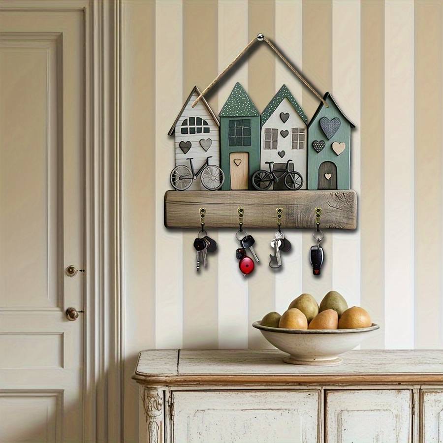 A Creative Small House And Bicycle Wall-Mounted Key Holder Featuring a Simple And Colorful Wooden K