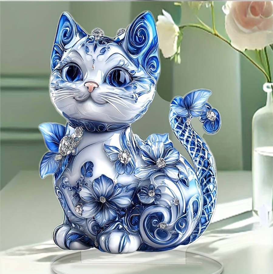 2D Flat Bohemian-Styleprinted Acrylic Cat Figurine With Blue Floral Gemstone Ac