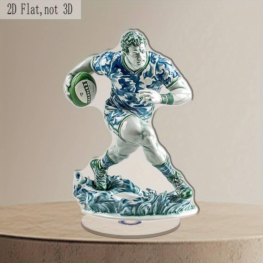 2D Flat Rotating Acrylic Rugby Player Figurine Blue and White Porcelain Style Relax Deskt