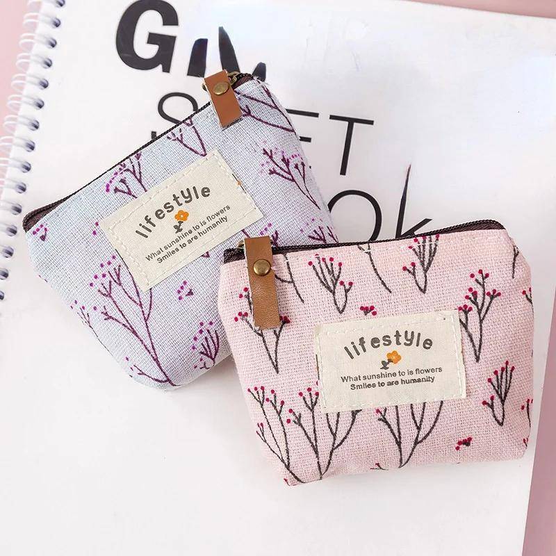 1pc Chic Floral Canvas Coin Purse Key Pouch Compact Zippered Wallet with Earphone Storage Ligh