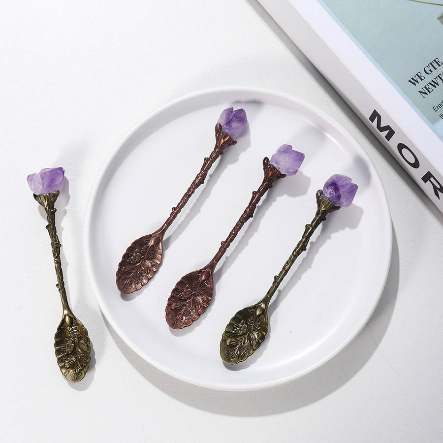1pc Natural Amethyst Cluster Teaspoon Tooth Flower Gem Sweetmeats Spoon Decorate Gift