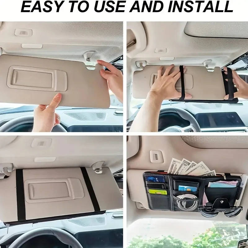1pc Car Sun Visor Organizer Multi-functional Car Glasses Clip Card Bag Wallet With Zipper Applicab