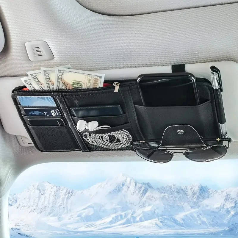 1pc Car Sun Visor Organizer Multi-functional Car Glasses Clip Card Bag Wallet With Zipper Applicab