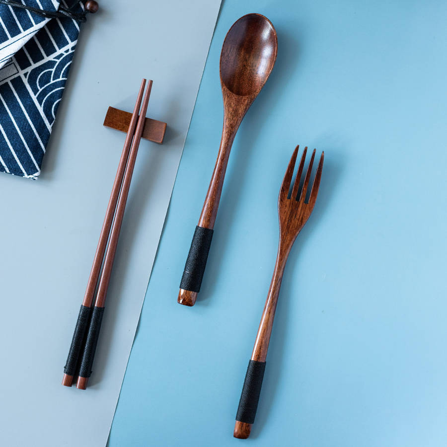 3pcs Japanese-Style Wooden Tableware Set Spoon Chopsticks Fork Convenient Stylish