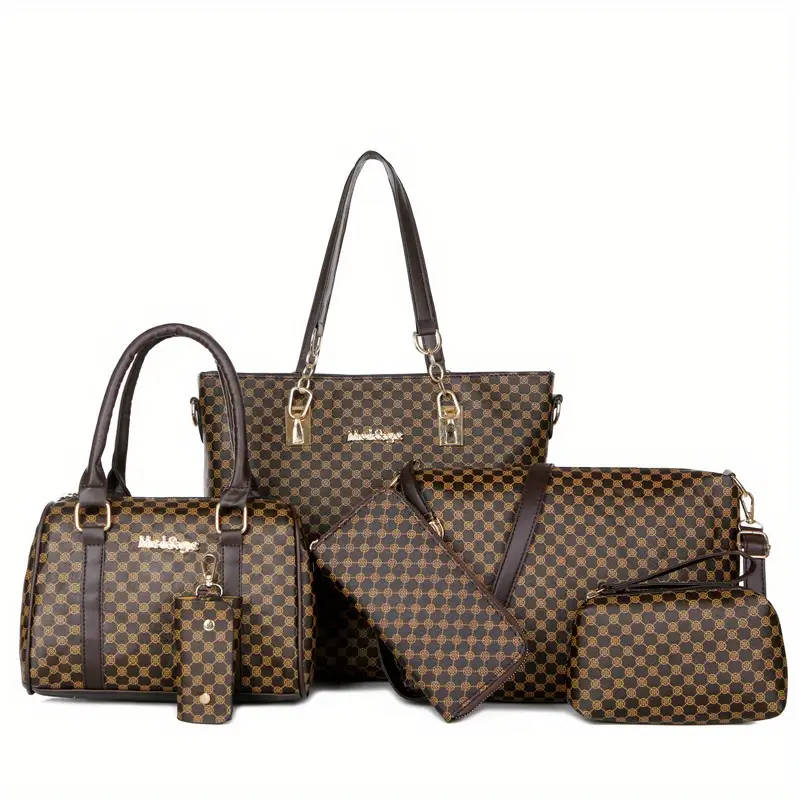 6pcs Geometric Pattern Bag Set Fashion Tote Bag With Boston Handbag Crossbody Bag Long Wallet Clutch