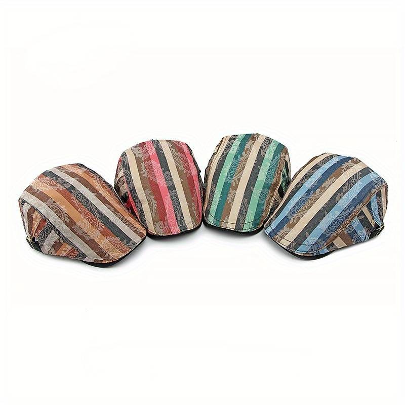 1pc Stylish Unisex Striped Beret Lightweight Non-Stretch Hand-Washable Polyester Painter Cap wi