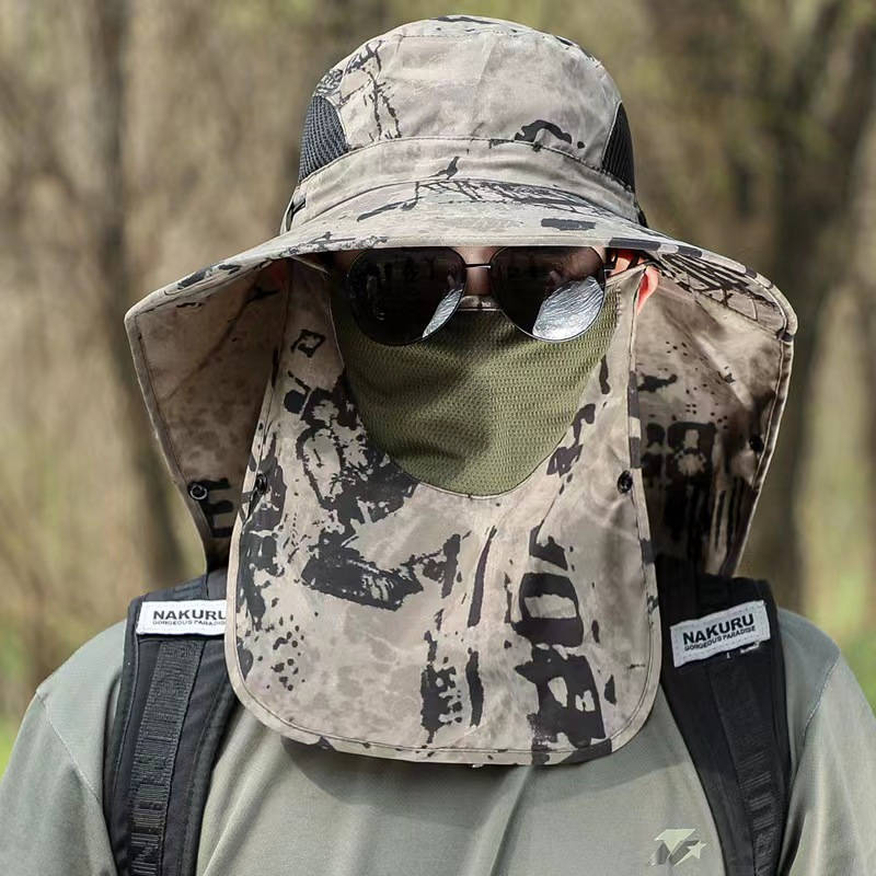 1pc Men's Camo Sun Protection Hat with Neck Flap Mask Foldable Breathable Polyester for Outdoo