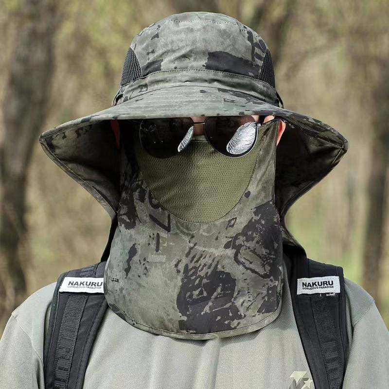1pc Men's Camo Sun Protection Hat with Neck Flap Mask Foldable Breathable Polyester for Outdoo