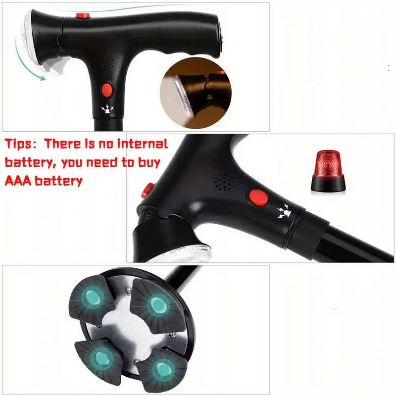 1 Piece Aluminum Alloy Walking Stick With Led Light And Siren