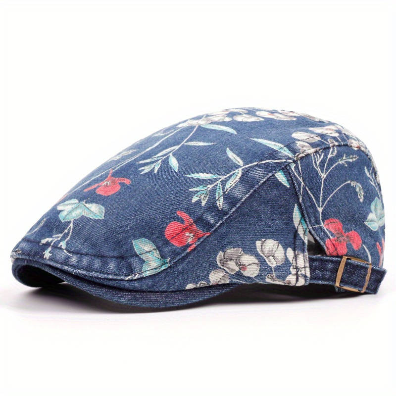 1pc Floral Print Denim Newsboy Cap For Women Adjustable Vintage Distressed Cabbie Hat With Visor