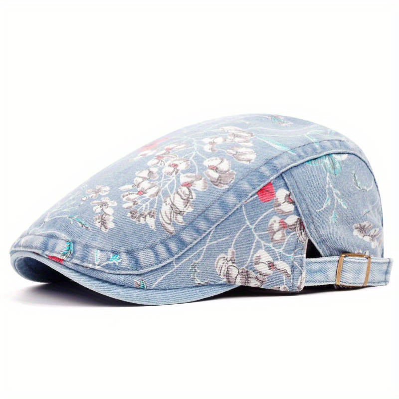 1pc Floral Print Denim Newsboy Cap For Women Adjustable Vintage Distressed Cabbie Hat With Visor