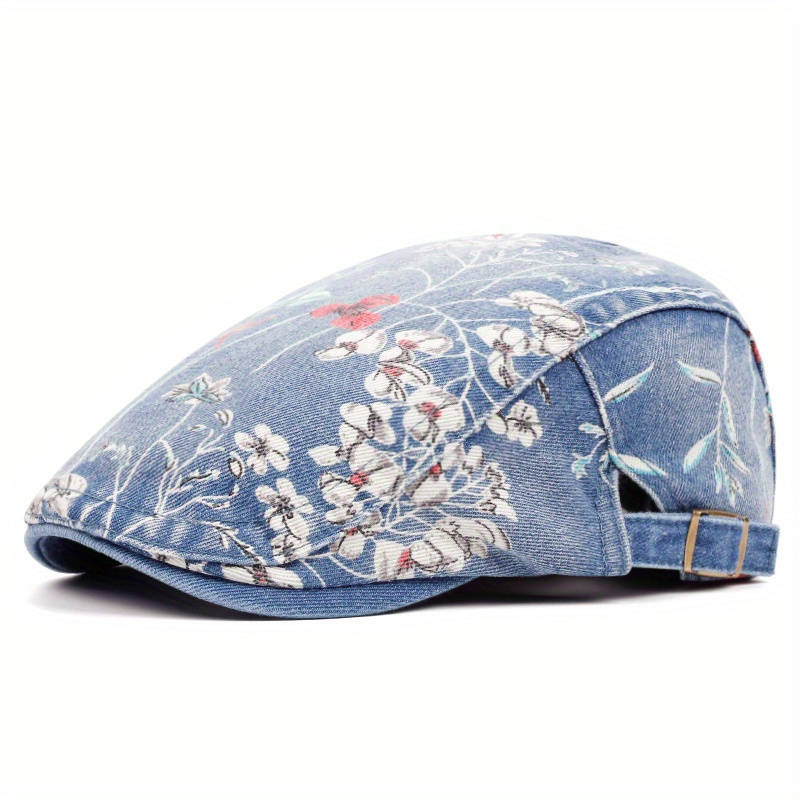 1pc Floral Print Denim Newsboy Cap For Women Adjustable Vintage Distressed Cabbie Hat With Visor