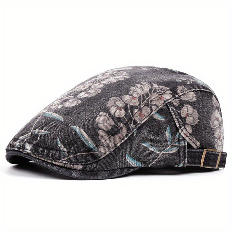 1pc Floral Print Denim Newsboy Cap For Women Adjustable Vintage Distressed Cabbie Hat With Visor