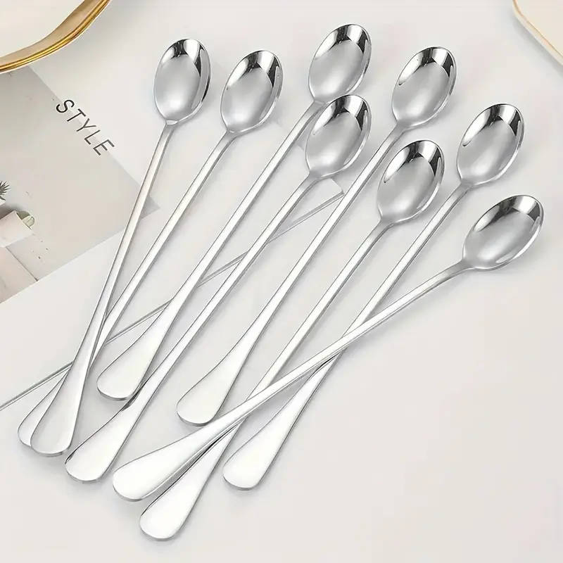 8pcs Stainless Steel Long Handle Ice Tea Spoon Coffee Spoon Ice Cream Stirring Spoon Dishwasher Safe