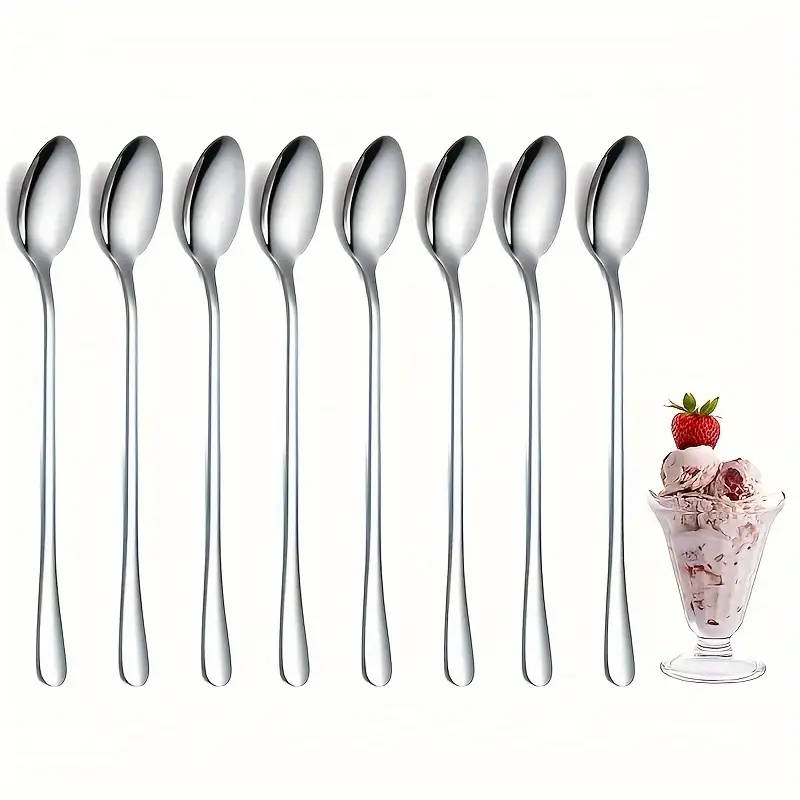 8pcs Stainless Steel Long Handle Ice Tea Spoon Coffee Spoon Ice Cream Stirring Spoon Dishwasher Safe