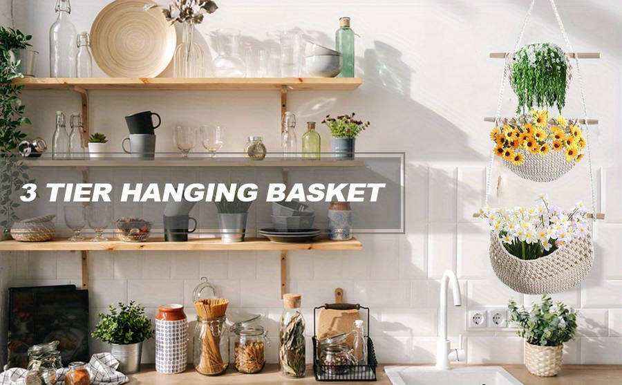 3-Tier Bohemian Chic Wall Hanging Storage Basket Handwoven Rope Organizer with Easy and More
