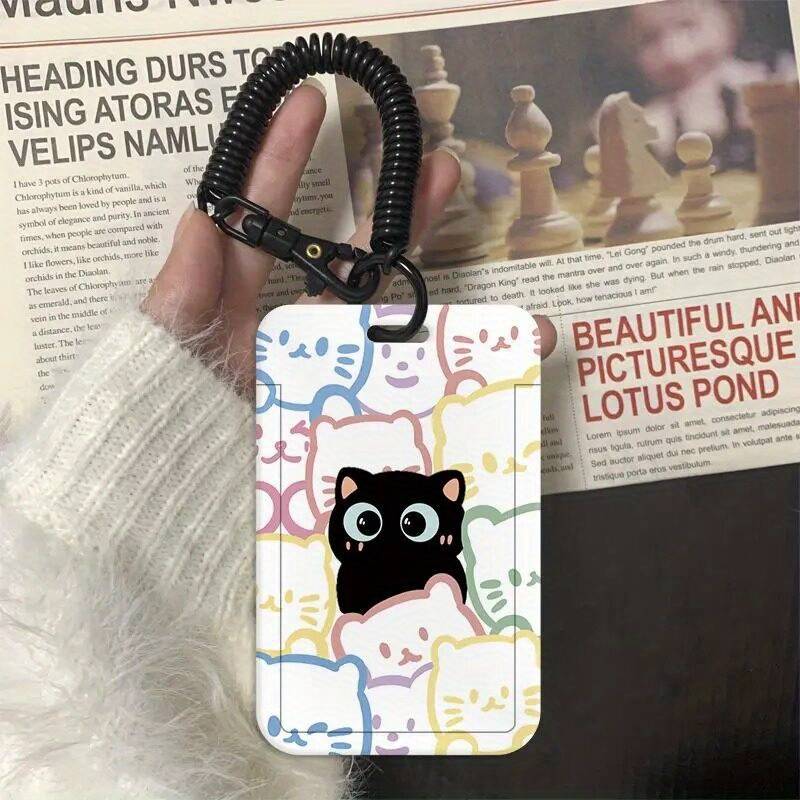 1pc Cute Cat Card Holder with Lanyard Kawaii Korean Fashion Durable ABS Hard Shell Transpar