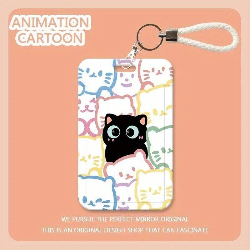 1pc Cute Cat Card Holder with Lanyard Kawaii Korean Fashion Durable ABS Hard Shell Transpar