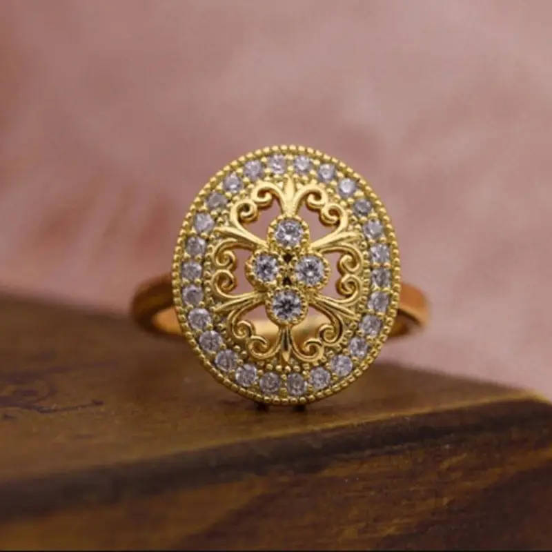 Hollow Floral Ring, Copper with zirconia Mosaic, Round Solitaire