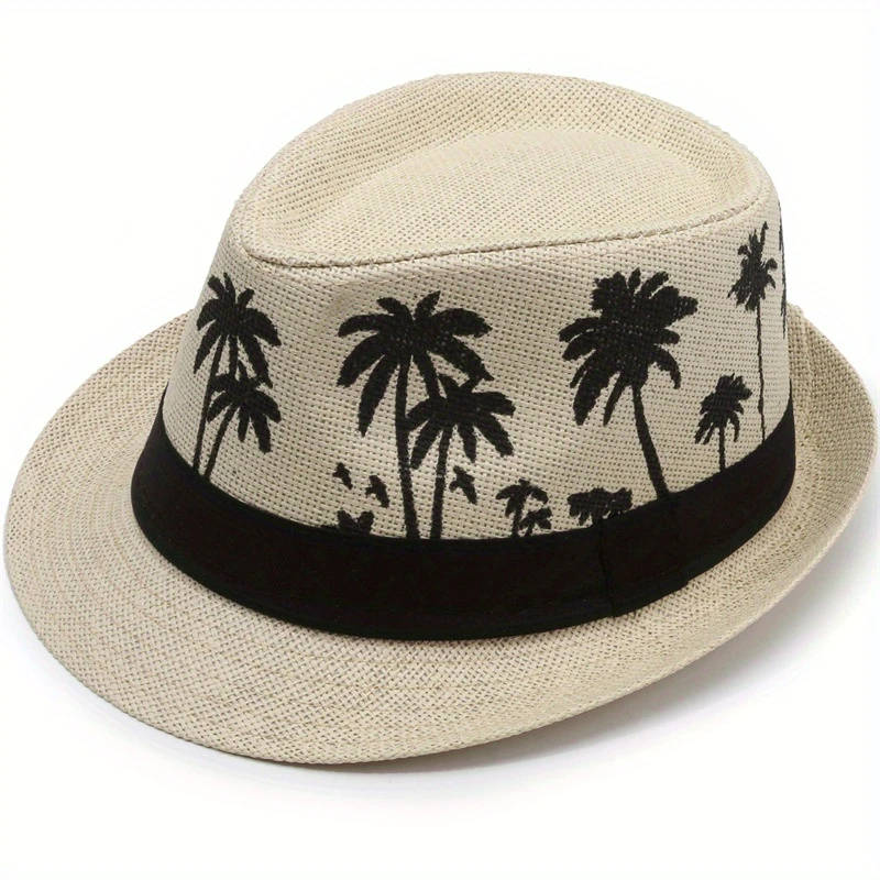 1pc Men's Tropical Palm Tree Pattern Fedora Hat Casual Summer Beach Jazz Cap Sun Protection Breathab