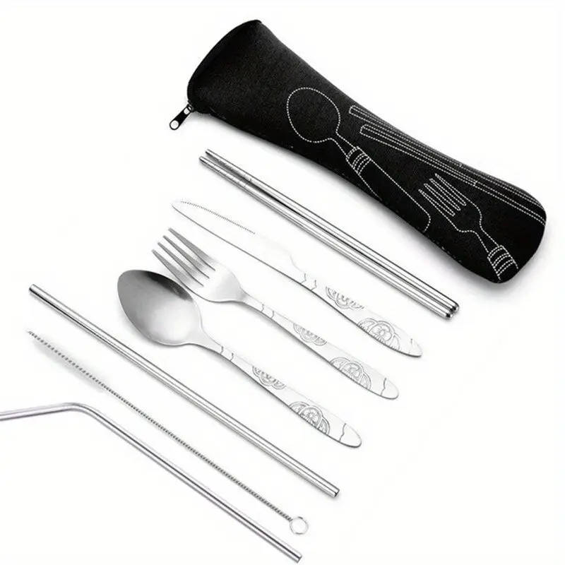 7pcs Durable Stainless Steel Cutlery Set Portable Travel Silverware with Spoon Fork Knife and Drinki