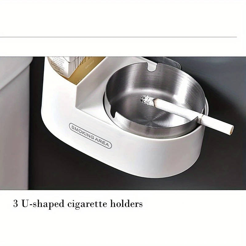 1pc Wall-Mounted Plastic Ashtray with Stainless Steel Cover Uncharged Self-Adhesive Smoke Receptacle