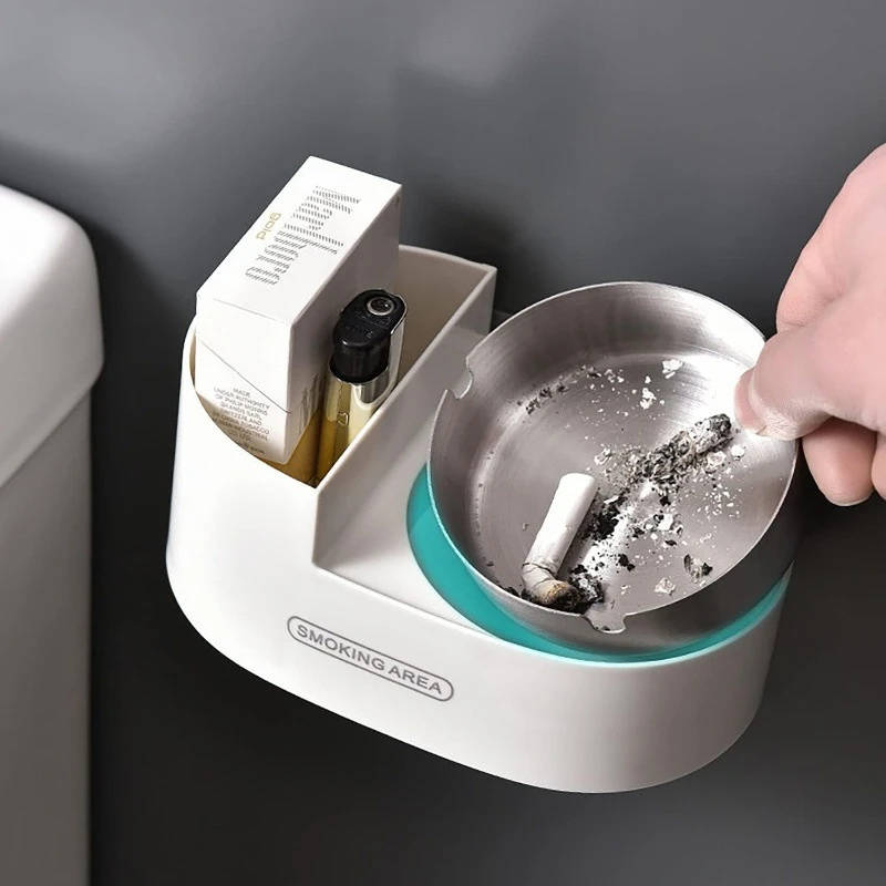 1pc Wall-Mounted Plastic Ashtray with Stainless Steel Cover Uncharged Self-Adhesive Smoke Receptacle