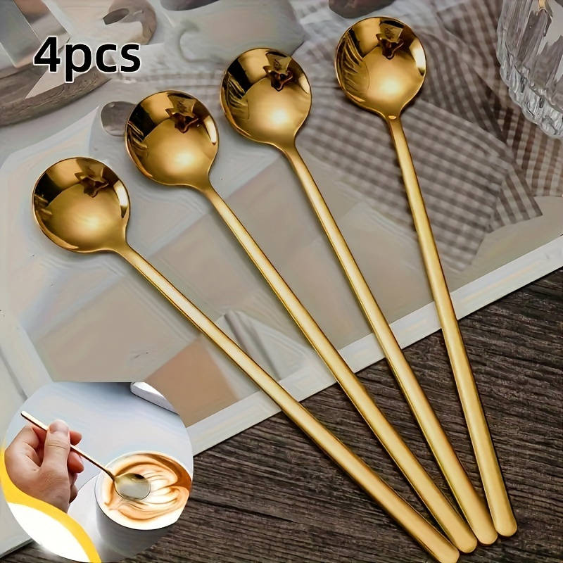 4pcs Golden Stainless Steel Spoons with Long Handles Ideal for Coffee Tea Ice Cream and De