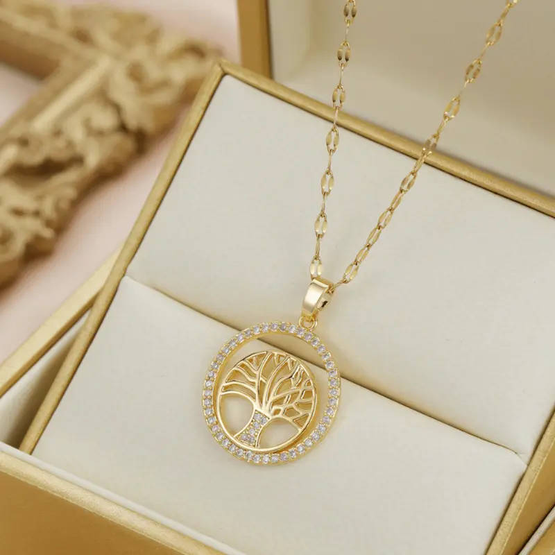 Tree of Life Rhinestone Circle Pendant WITH Necklace