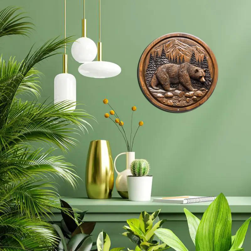 1pc Round Shaped Aluminum Sign Wall Art Vintage 2D Flat Print Metal Sign Brown Bear Wood Carving Pat