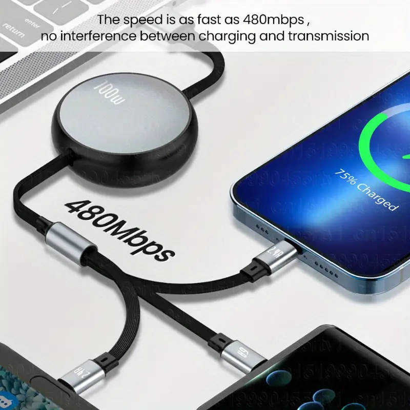 3 in 1 Retractable USB C 6A 100W USB Fast Charger