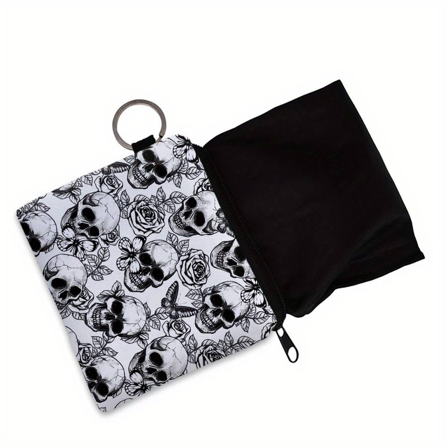 1pc Women'S Stylish Rose Skull Zipper Pouch Durable Polyester Coin Purse with Intricate 3D Print