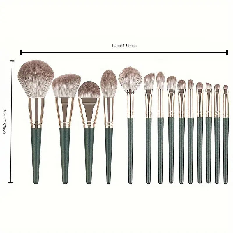 14Piece Professional Makeup Brush Set with Green ABS Handles and Nylon Brushes Suitable for Normal S
